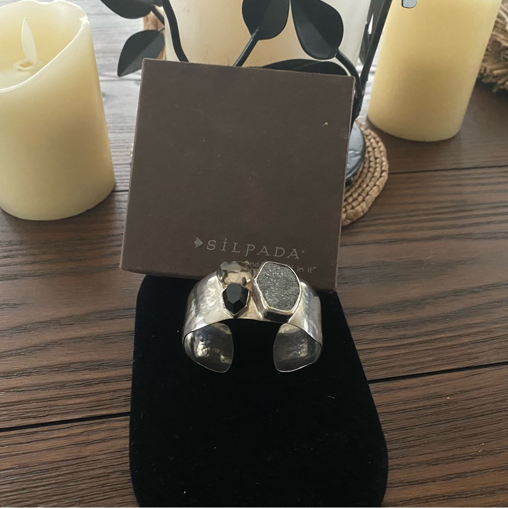 Silpada S.S. Cave Crystal Cuff Bracelet with Agate, Smokey Quartz, and Druzy